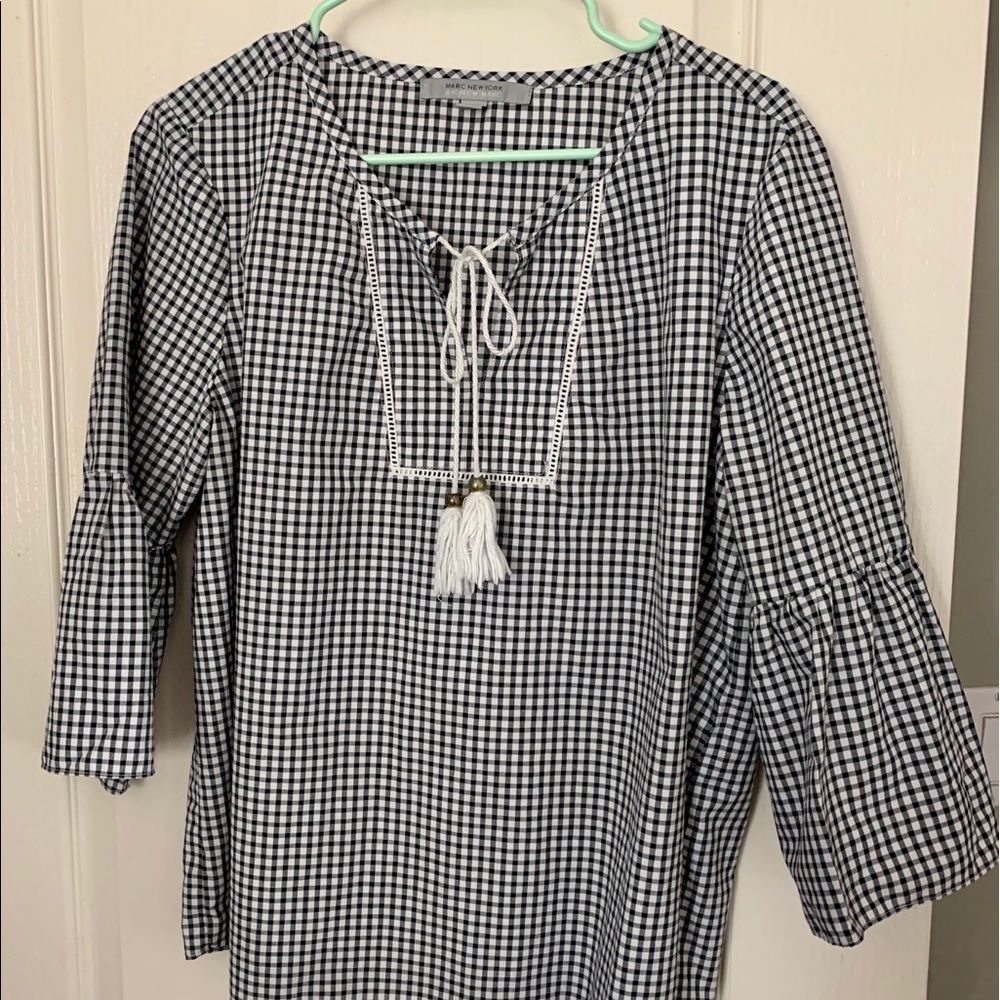 Andrew Marc Black & White Gingham Boho Tassel Top